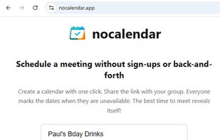 NoCalendar landing page with an active input field for a new social event and a 'Recent' section showing a previously created professional workplace poll.