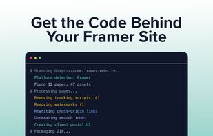 Displays the export engine detecting a Framer website, processing pages, removing trackers and watermarks, and packaging the final site into a downloadable ZIP archive.