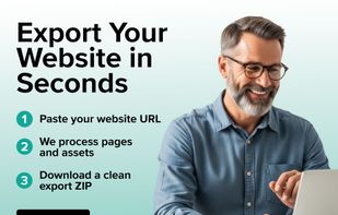 Illustrates the simple three-step workflow: paste a website URL, process pages and assets using a headless browser, and download a clean ZIP archive ready for deployment anywhere.