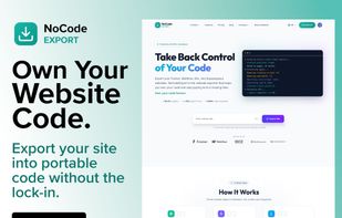 Shows the NoCodeExport interface exporting a no-code website into portable HTML/CSS/JS. Users can paste a website URL and download a clean ZIP containing all pages, assets, and scripts.