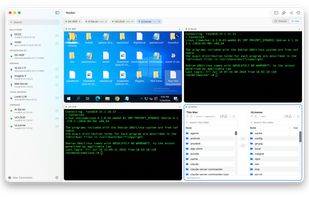A Windows RDP desktop, two Linux terminals and a dual-pane file manager open at once in one window.