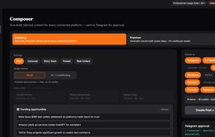 Noian Composer interface for creating one brief and adapting it into platform-specific social media content across multiple connected channels.