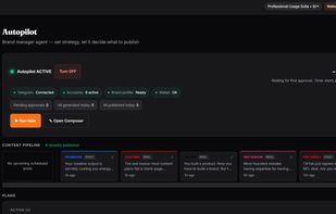 Noian Autopilot dashboard showing the AI brand manager actively generating, scheduling, and publishing social media content across multiple connected accounts.