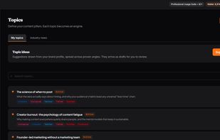 Noian Topics dashboard for defining content pillars, generating topic ideas, and organizing platform-specific themes that feed the AI content engine.