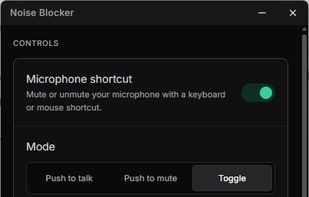 Settings — Configure push-to-talk, push-to-mute, keyboard shortcuts, feedback sounds, and virtual microphone options.