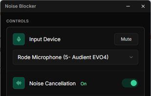 Dashboard — Enable AI noise cancellation and voice gating while monitoring microphone input and filtered output in real time.