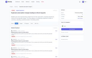 Track product improvements generated from clustered feedback. Prioritize by urgency, category, and mention count, then push to Jira, Linear, or Notion.