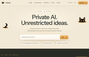 nokeep homepage: private AI chat, images and video, free every day with no account.