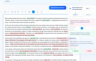 Writing feedback with inline comments and synonym suggestions.