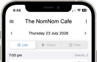 The day's bookings in the NomNom phone app, with list, chart and floor plan views.