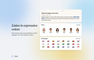 Natural voices in 39 languages, with follow-along highlighting.