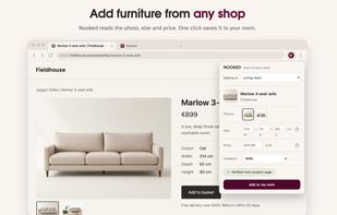 Saving a sofa from a shop page with the Chrome extension. Nooked reads the photo, size and price.