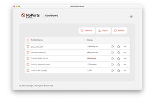 With a single click of a button, the NoPorts dashboard allows you to easily create a secure connection to another device no matter where it's located.