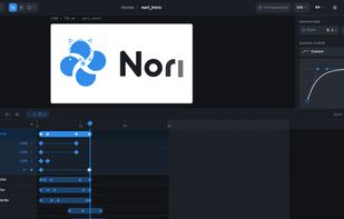 The Nori editor: vector canvas, layer inspector and a timeline with per-property keyframes, all running in the browser.