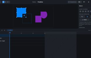 Layer groups and boolean operations (union, subtract, intersect, exclude) that stay editable and animatable.