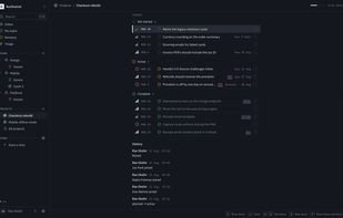 Project page: issues by status, completion progress and the full history.