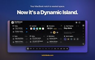 The Dashboard: calendar, launcher, Pomodoro, day progress, tasks, notes, reminders and quick toggles in one panel under the notch.