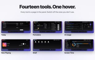 Fourteen tools in one panel, including Today, Pomodoro, AI Usage, Now Playing, Shelf and Screen Time. Tools you don't use can be switched off.