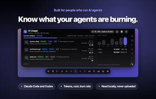 AI Usage tracks Claude Code and Codex sessions, tokens, estimated cost and the 5-hour window, read from local logs.