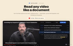 A searchable transcript built from a video's captions, with clickable timestamps.