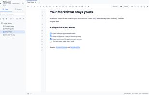 The NoteLoom workspace: a local folder mounted in the browser, with its file tree, live editing, and the source / edit / read view controls.