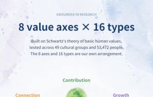 Eight value axes and sixteen types, built on Schwartz's research across 49 cultural groups and 53,472 people.