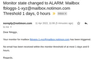 Email from notimon alerting a user that an email has not arrived to their notimon monitoring mailbox within the configured threshold