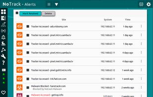 NoTrack Analytics

NoTrack analytics will monitor your traffic and provide an Alert when any of your devices attempt to access known malware sites, as well as for sites suspected of being related to tracking, but have not yet been blocked.
You have the option of Investigating the traffic further, Whitelisting, or Blacklisting the site. Once completed you can Resolve or Delete the alert.

Analytics runs on your system locally. None of your data is ever transmitted. This feature will be expanded further in future versions of NoTrack.