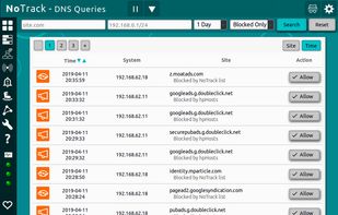 DNS Query Log

DNS Query Log contains a record of all the DNS requests made by systems on your network. You can find out how many sites were blocked for a particular reason, or you can look back through a line-by-line detailed log listing the activity of a particular system.

The DNS Query Log has convenient shortcuts to block/allow a particular site. You can also submit sites you believe to be tracking, so the wider community of users can benefit.