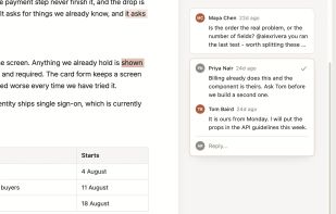 Two comment threads beside the passages they quote, with a mention, a reply and one of them resolved.