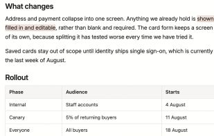 A rollout table and two headings in the editor, with no hashes, asterisks or table pipes anywhere on screen.