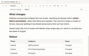 A rollout table and two headings in the editor, with no hashes, asterisks or table pipes anywhere on screen.
