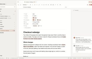 A spec open in Notula: the document tree on the left, the document with its properties, and comment threads anchored to the passages they quote.