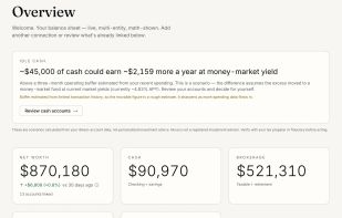 One number for everything you own. Your total net worth across every entity, split into cash, brokerage, other assets and debt, with an idle-cash scenario and a by-entity breakdown.
