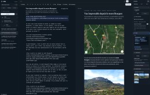 Dark mode editor with the publication panel: public or private, device-only notes, FR/EN.