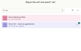 Timeline — one box searches everything you keep; "vet" finds the contact and the booking page.
