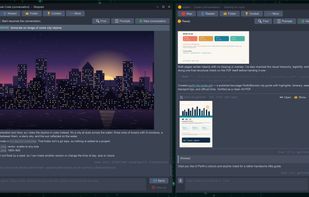 A Claude Code and a Codex chat window side by side, one showing a city skyline image inline and the other a PDF it built, with Find, Prompts and Context on the toolbar and a suggested next message waiting in the composer.
