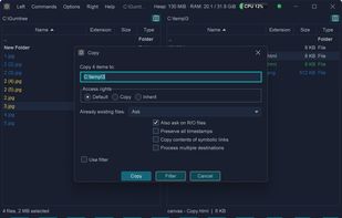 The copy dialog over both panes, with the destination path, access-rights and overwrite options.

