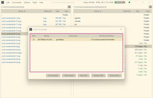The user-commands dialog, holding a custom 'git status' command bound to a single key.
