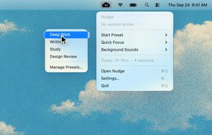 Start a preset or Quick Focus from the menu bar