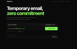 Landing page on desktop. Custom email names, 13+ domains and access codes to come back anytime.