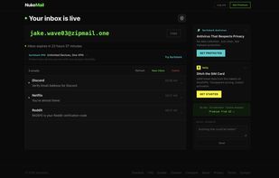 Desktop inbox with sidebar showing ads, premium CTA and feedback form. Clean dark UI.