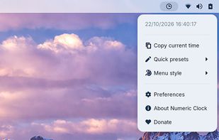 Left-click the tray icon: quick menu with copy time, presets, menu style, Preferences, About and Donate