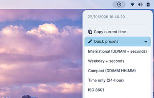 Eight one-click format presets: ISO 8601, week number, 12-hour and more