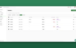 Invoices: create and send invoices, then track each one as draft, viewed or paid, along with the outstanding balance.