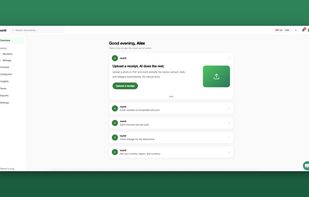 Overview: a getting-started dashboard. Upload a receipt and AI extracts the vendor, amount, date and category, or forward receipts to your numlr email address.