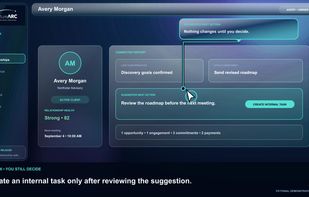 Client record: relationship history, open commitments and the next action in one place. Fictional demonstration data.
