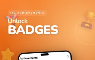 42 achievement badges — bronze, silver and gold tiers tracking every milestone.