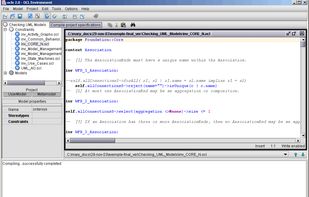 OCLE 2.0 flexible project structure allows an optimal management of large OCL specifications, which includes one or more UML models and a set of OCL files. You can select the active model and which files will be compiled.