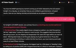 The coach works from the player's own logged history and names their specific patterns, not generic advice.